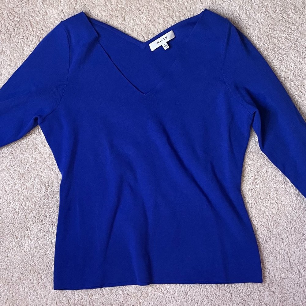 Milly Blue Ribbed Knit Blouse Size L